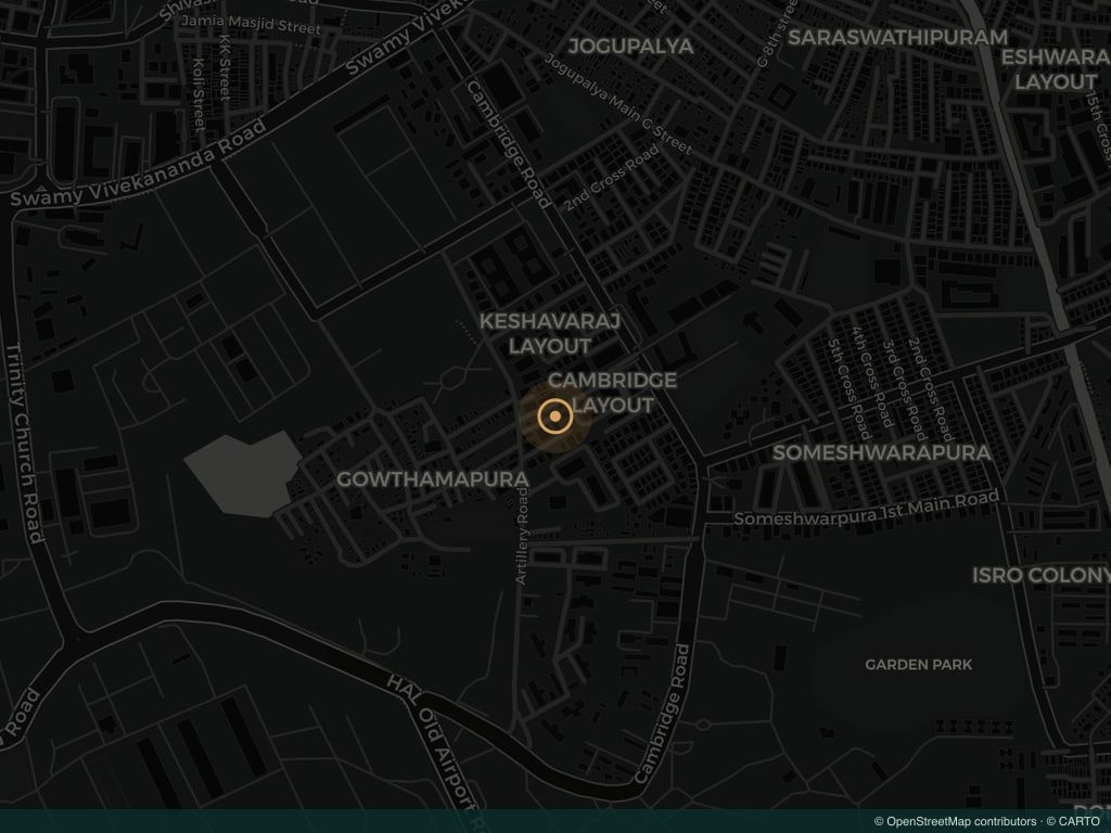 Map of Halasuru showing Cardamom & Co. on Cambridge Road, a short walk east of Ulsoor Lake.